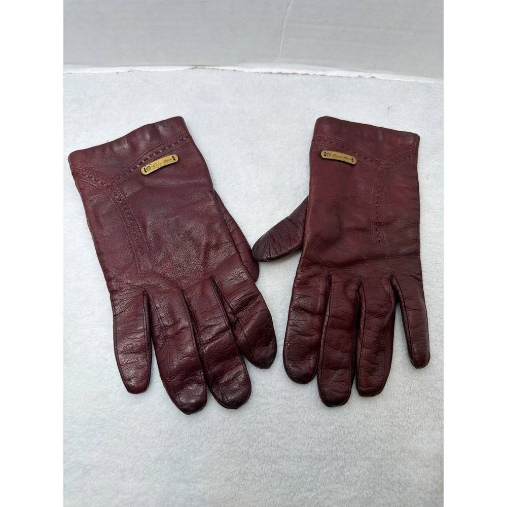 VTG Etienne Aigner Gloves Womens 7.5 Burgundy Leather Made in Italy Gold Logo